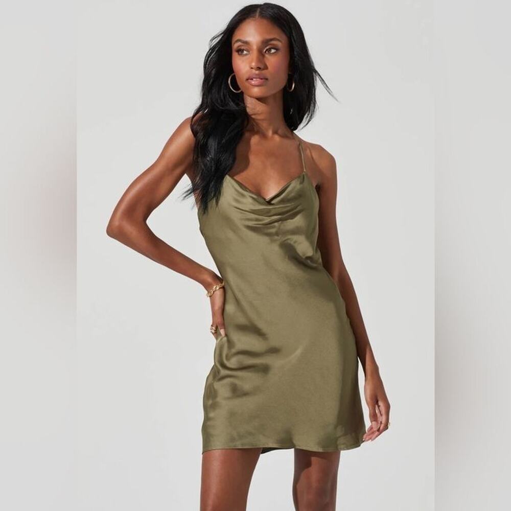 ASTR The Label Olive Green Satin Cowl Neck Mini Dress Small